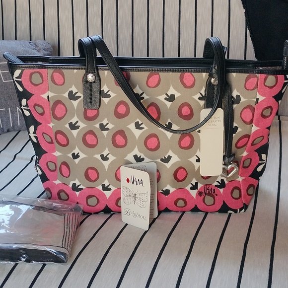 🎁💝NWT Brighton ❤️s Vera pink, black and grey canvas and leather tote bag. - Picture 7 of 16